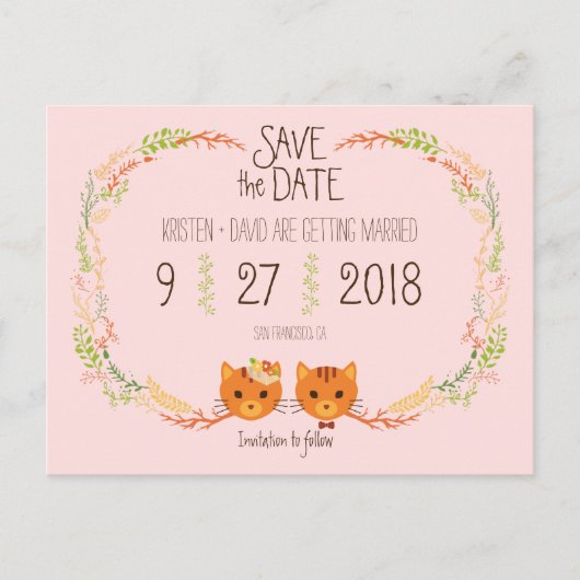 Whimsical Forest Cats Blush Wedding Save the Date Ankündigungspostkarte (Vorderseite)