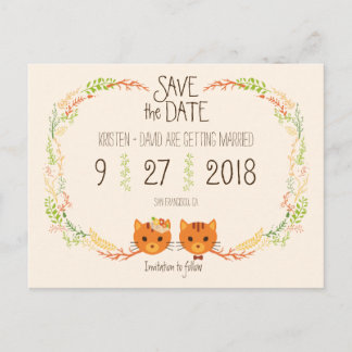 Whimsical Forest Cats Cream Wedding Save the Date Ankündigungspostkarte