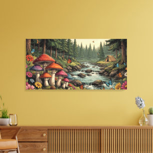 Whimsical Forest Creek mit Pilzen, Schmetterlingen Leinwanddruck