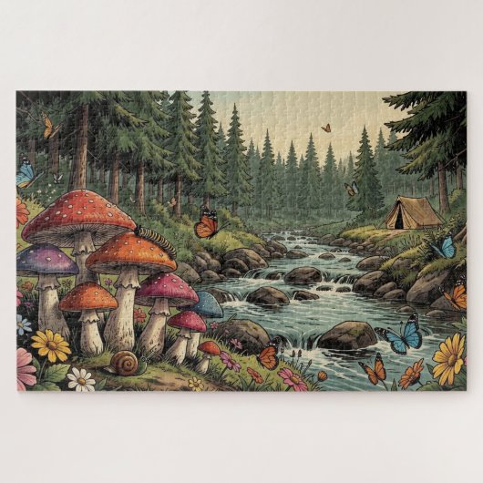 Whimsical Forest Creek mit Pilzen, Schmetterlingen Puzzle (Horizontal)