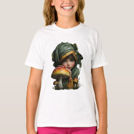 Whimsical Forest Girl with Mushroom Fantasy Art T-Shirt