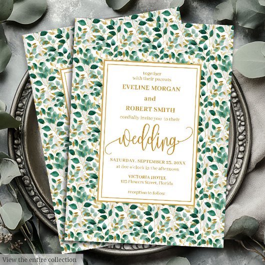 Whimsical Forest Green Gold Blätter Hochzeit einla Einladung
