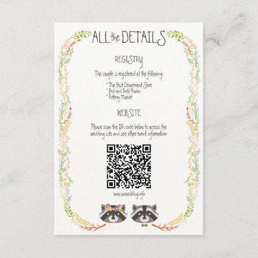 Whimsical Forest Raccoons Rustikale Hochzeitsfeier Begleitkarte (Vorderseite)