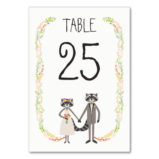 Whimsical Forest Raccoons Rustikaler Hochzeitstisc Tischnummer (Rückseite)