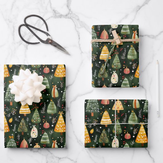 Whimsical Forest Weihnachtsbaum-Muster Geschenkpapier Set (Vorderseite)