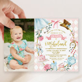 Whimsical Foto Bow Alice Onederland 1st Birt Einladung