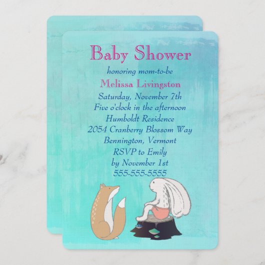 Whimsical Fox and Rabbit Turquoise Baby Dusche Einladung (Vorne/Hinten)