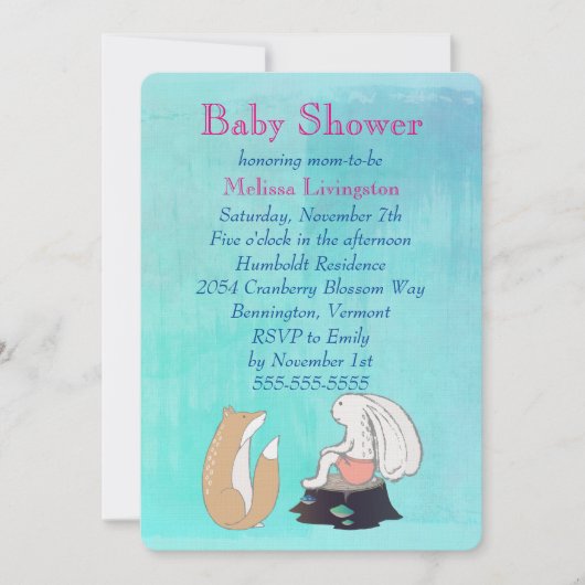 Whimsical Fox and Rabbit Turquoise Baby Dusche Einladung (Vorderseite)