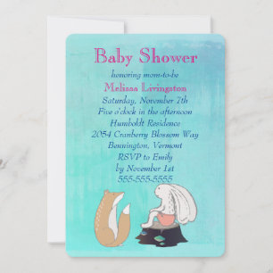 Whimsical Fox and Rabbit Turquoise Baby Dusche Einladung