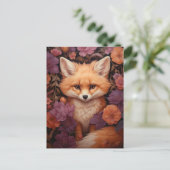 Whimsical Fox auf einem Bett für Fall Blume Postkarte (Stehend Vorderseite)
