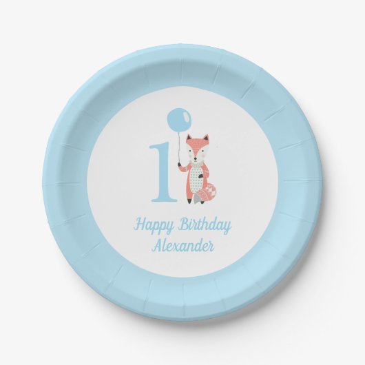 Whimsical Fox & Balloon Blue Happy Birthday 1. Pappteller (Vorderseite)