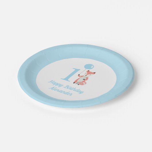 Whimsical Fox & Balloon Blue Happy Birthday 1. Pappteller (Schrägansicht)