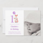 Whimsical Fox & Balloon Lila 1. Geburtstag Foto Einladung (Vorderseite)