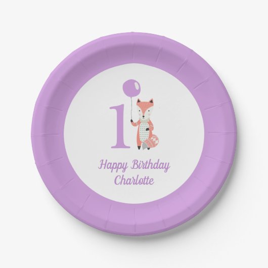 Whimsical Fox & Balloon Lila Happy Birthday 1. Pappteller (Vorderseite)