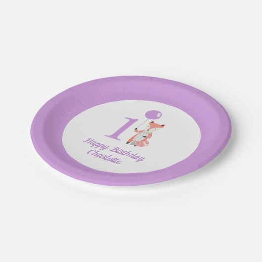 Whimsical Fox & Balloon Lila Happy Birthday 1. Pappteller (Schrägansicht)