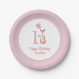 Whimsical Fox & Balloon Pink Happy Geburtstag 1. Pappteller