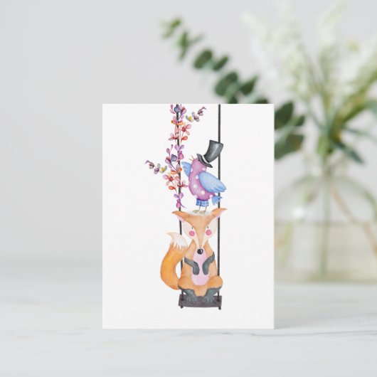 Whimsical Fox & Bird Postkarte (Stehend Vorderseite)