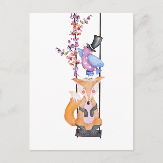 Whimsical Fox & Bird Postkarte (Vorderseite)