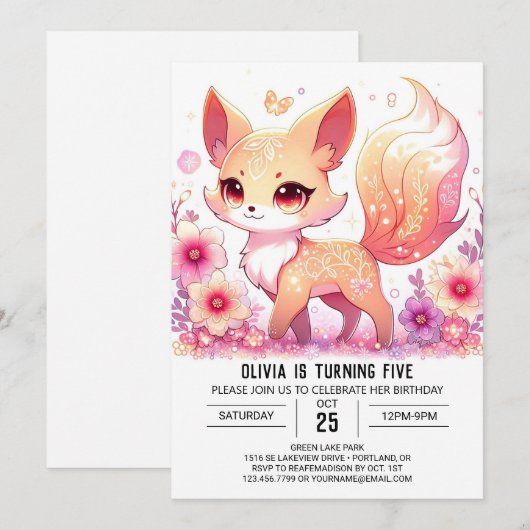 Whimsical Fox Digital Geburtstag Einladung (Vorne/Hinten)