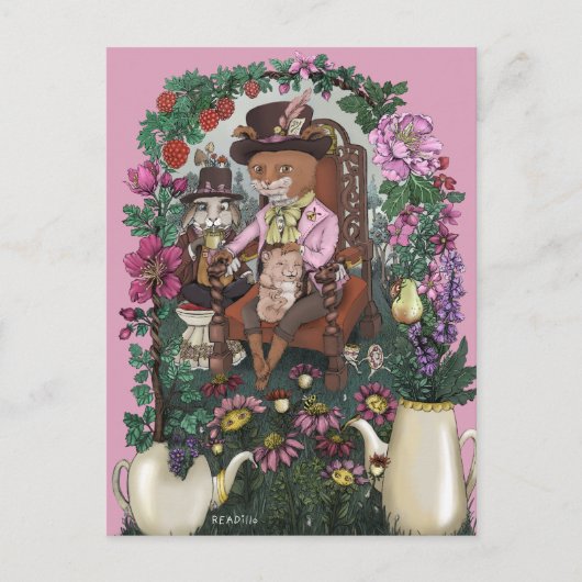 Whimsical Fox Mad Hatter Alice im Wunderland Art Postkarte (Vorderseite)