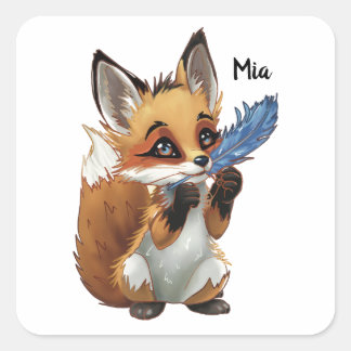 Whimsical Fox with a Feather Quadratischer Aufkleber
