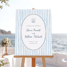 Whimsical Frame Blue Stripes Wedding Welcome Sign Poster