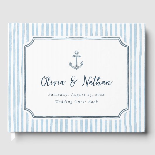 Whimsical Frame Retro Blue Stripes Wedding Gästebuch (Vorderseite)