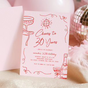 Whimsical Französisch Hand gezeichnet Rosa Rot 30. Einladung
