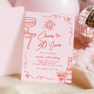 Whimsical Französisch Hand gezeichnet Rosa Rot 30. Einladung