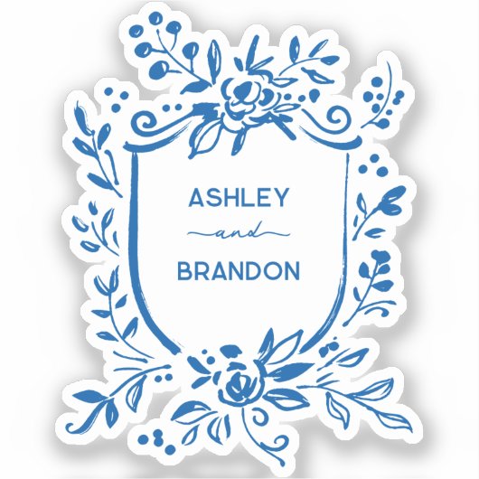Whimsical French Blue Botanical Crest Wedding Aufkleber (Vorderseite)