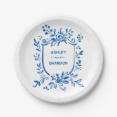 Whimsical French Blue Botanical Crest Wedding Pappteller (Vorderseite)