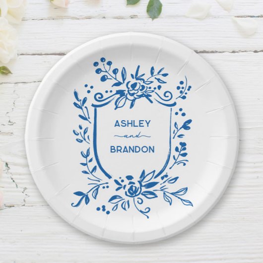 Whimsical French Blue Botanical Crest Wedding Pappteller