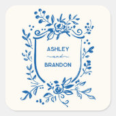 Whimsical French Blue Botanical Crest Wedding Quadratischer Aufkleber (Vorderseite)