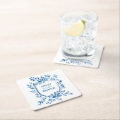 Whimsical French Blue Botanical Crest Wedding Rechteckiger Pappuntersetzer (Vor Ort)