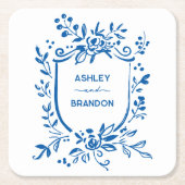 Whimsical French Blue Botanical Crest Wedding Rechteckiger Pappuntersetzer (Vorderseite)