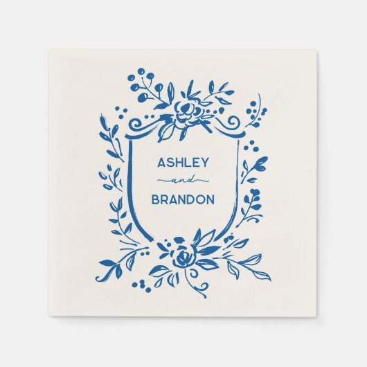 Whimsical French Blue Botanical Crest Wedding Serviette (Vorderseite)