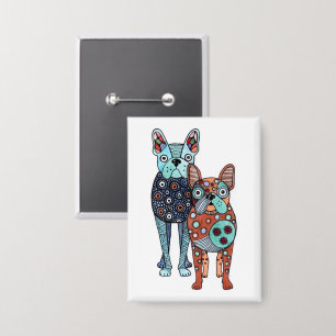Whimsical French Bulldogs Folk Art Doodle Rechteck Button