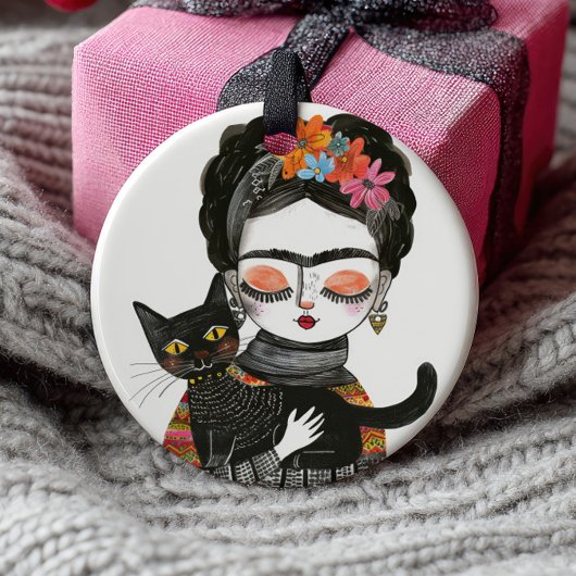 Whimsical Frida Kahlo with Her Cat Name& Photo Keramik Ornament