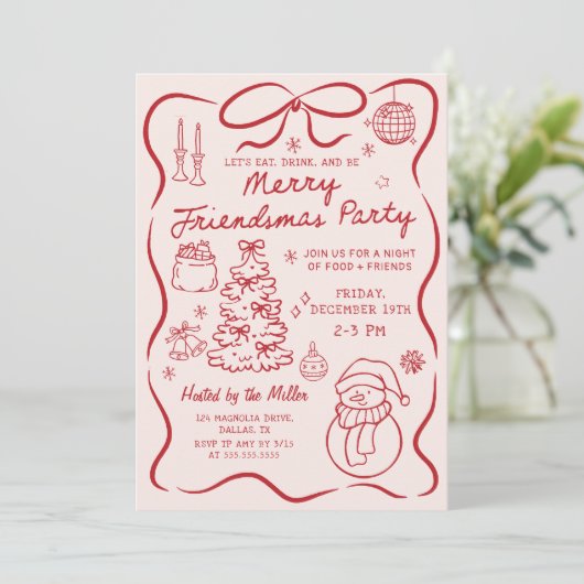 Whimsical Friendsmas Christmas Party Invitation Einladung (Stehend Vorderseite)