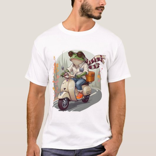Whimsical Frog on Retro Scooter Art. T-Shirt (Vorderseite)
