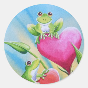 Whimsical Frogs and Hearcolor Art Runder Aufkleber