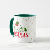 Whimsical frohe Weihnachts-Tasse mit Green Elf Hat Tasse (Vorderseite Links)