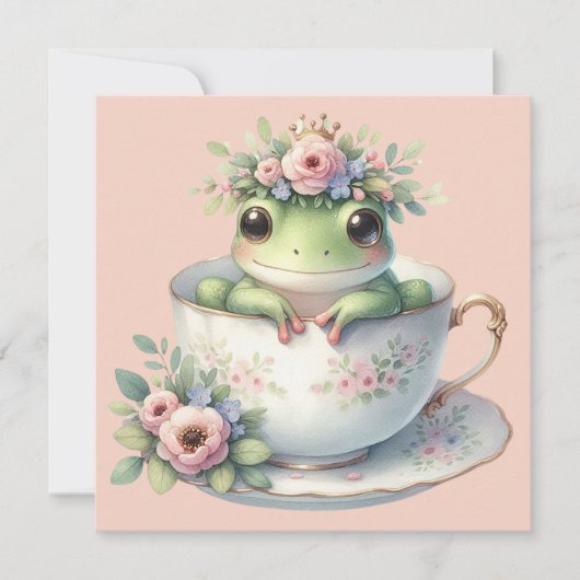Whimsical Frosch in Floral Teacup Flat Greeting Ca Karte (Vorderseite)