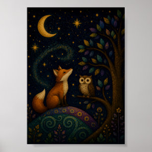 Whimsical Fuchs und Eule unter Mondlicht, Waldkuns Poster