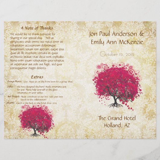 Whimsical Fuchsia Heart Leaf Tree Wedding Programm (Vorderseite)