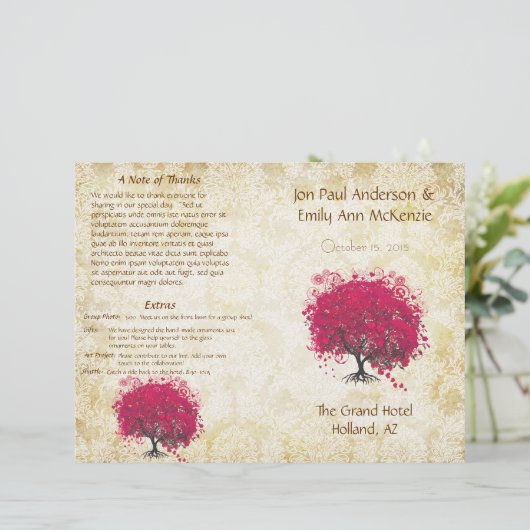 Whimsical Fuchsia Heart Leaf Tree Wedding Programm (Stehend Vorderseite)
