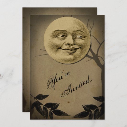Whimsical Full Moon Face Halloween-Party Einladung (Vorne/Hinten)