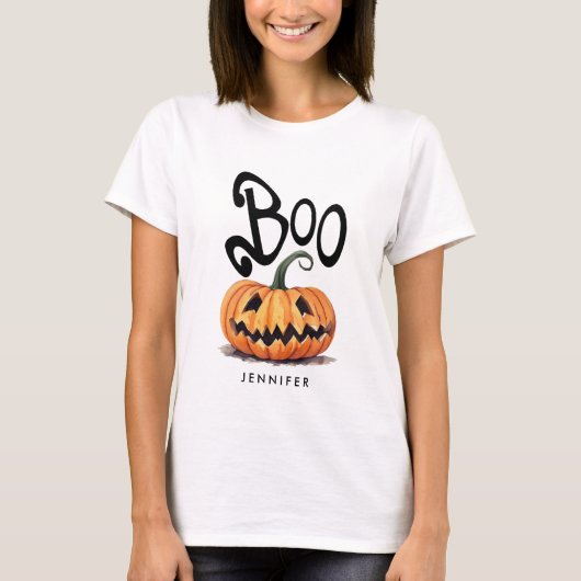 Whimsical Fun Boo Orange Pumpkin Spaß Typografie T-Shirt (Vorderseite)