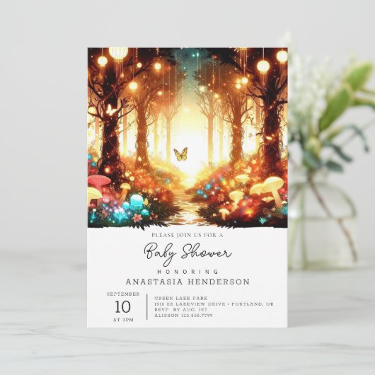 Whimsical Fun Enchanted Forest Baby Shower Einladung (Stehend Vorderseite)