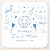 Whimsical Fun Hand Drawn Nautical Coastal Hochzeit Rechteckiger Pappuntersetzer (Vorderseite)